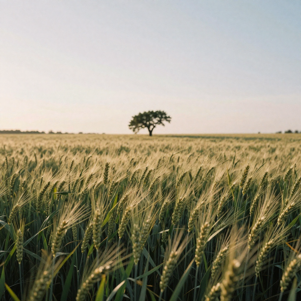 A field of tall wheat rippling in the wind under a wide golden-hour sky, a lone tree bending on the horizon