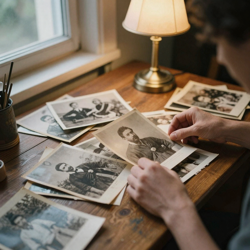 A faceless creator's hands arranging a stack of old historical photographs on a wooden desk under a warm reading lamp at