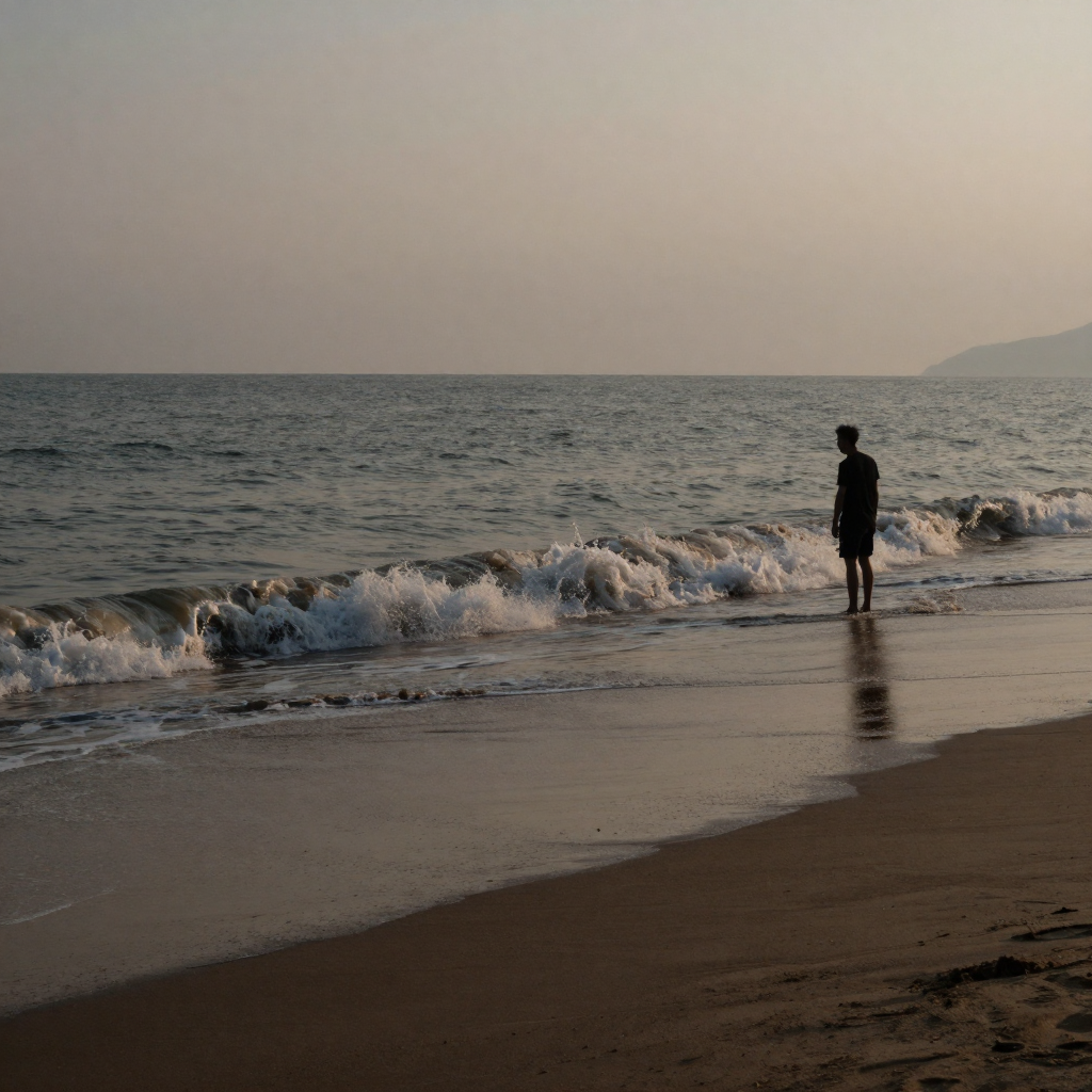A calm coastal scene at dusk with gentle waves rolling onto dark sand, a single silhouette standing at the water's edge