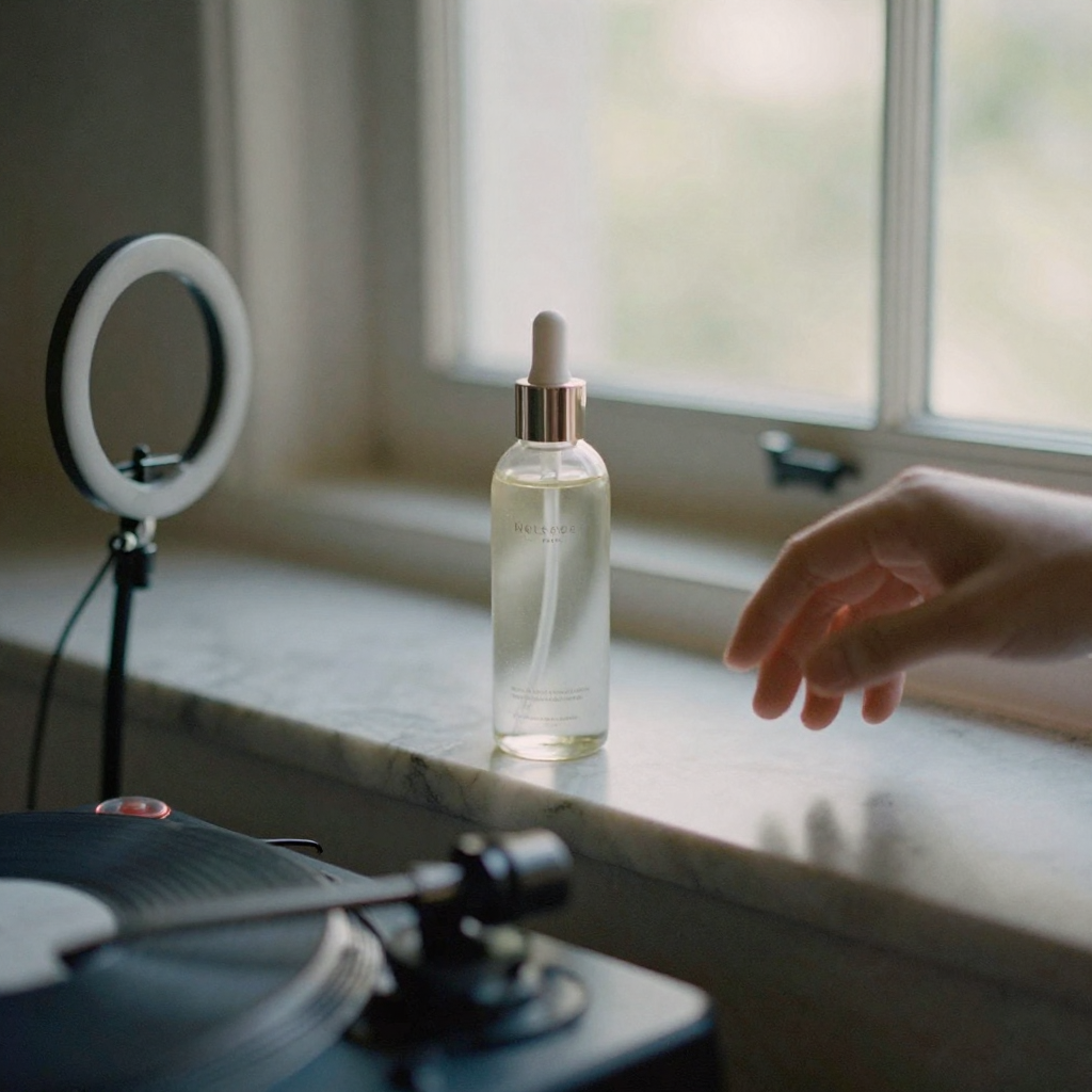 A skincare bottle standing on a marble ledge with a small ring light beside it, a hand slowly rotating a turntable to ca