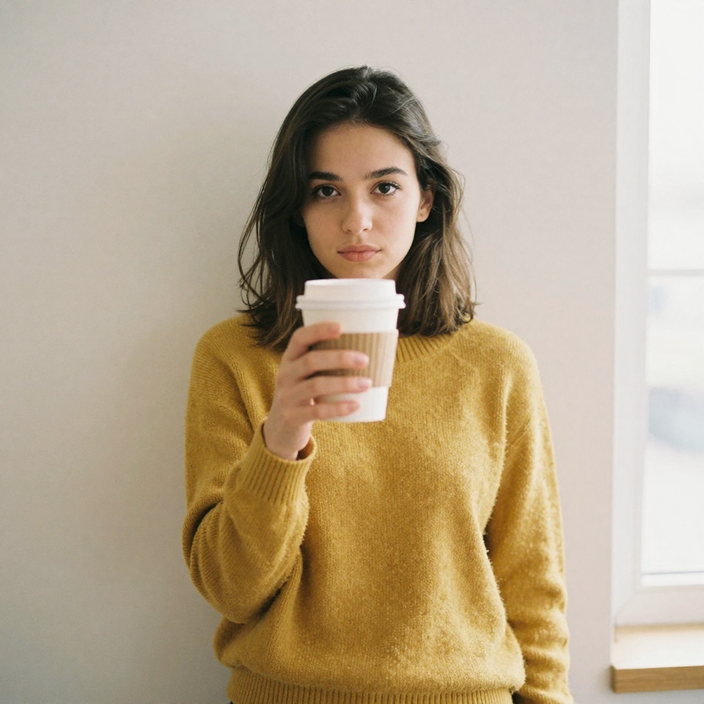 A young woman in a mustard sweater posing against a plain pastel wall, mid-gesture holding a coffee cup toward the camer