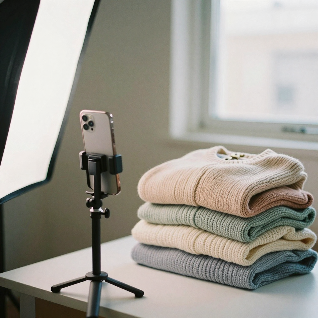 A vertical smartphone clamped to a tripod aimed at a folded stack of pastel knit sweaters on a clean table, softbox ligh