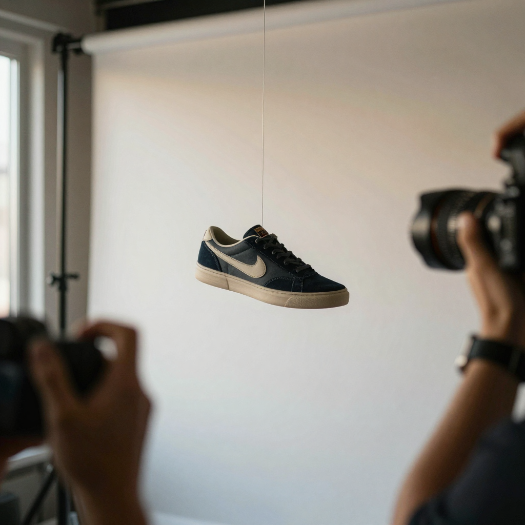 A sneaker suspended by fishing line spinning slowly above a bright gradient backdrop, a photographer's hand steadying it