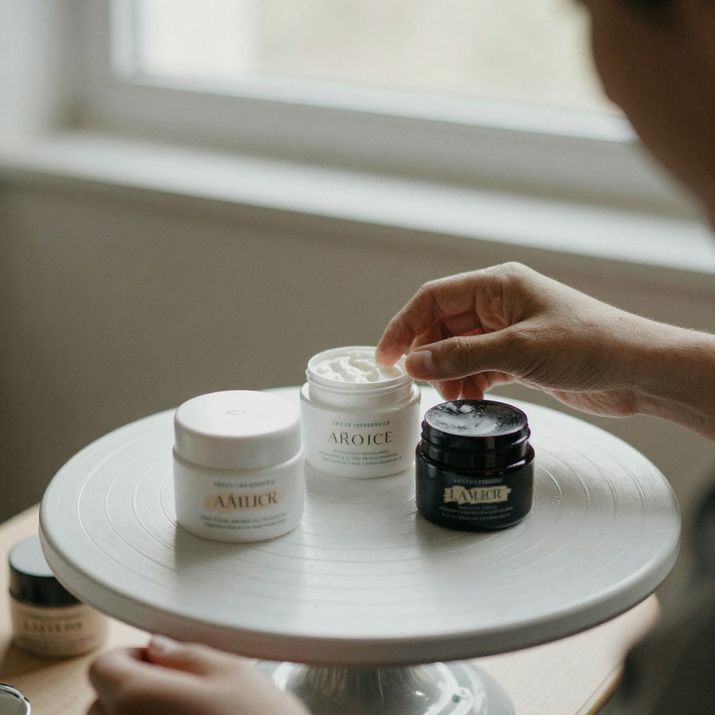 A creator arranging three cosmetic jars in a triangle on a white sweep, adjusting one with a fingertip, soft directional