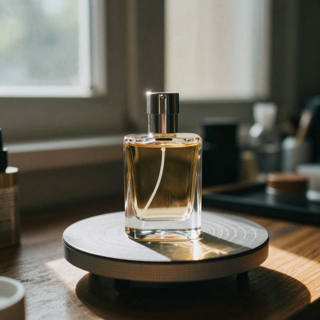 A perfume flacon on a rotating platform in a home studio, warm sunlight from a nearby window sweeping golden reflections