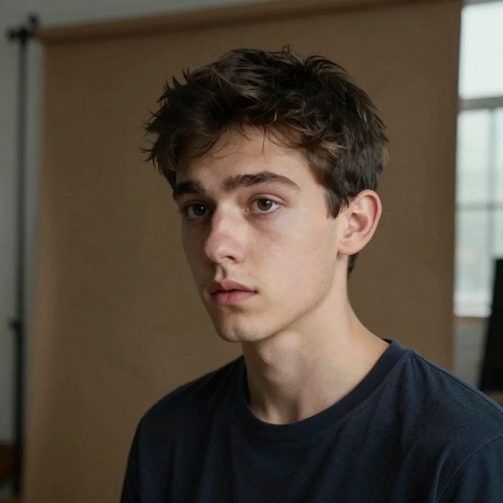 A young actor with an expressive gaze against a mottled brown studio backdrop, dramatic single-source key light carving out the cheekbones