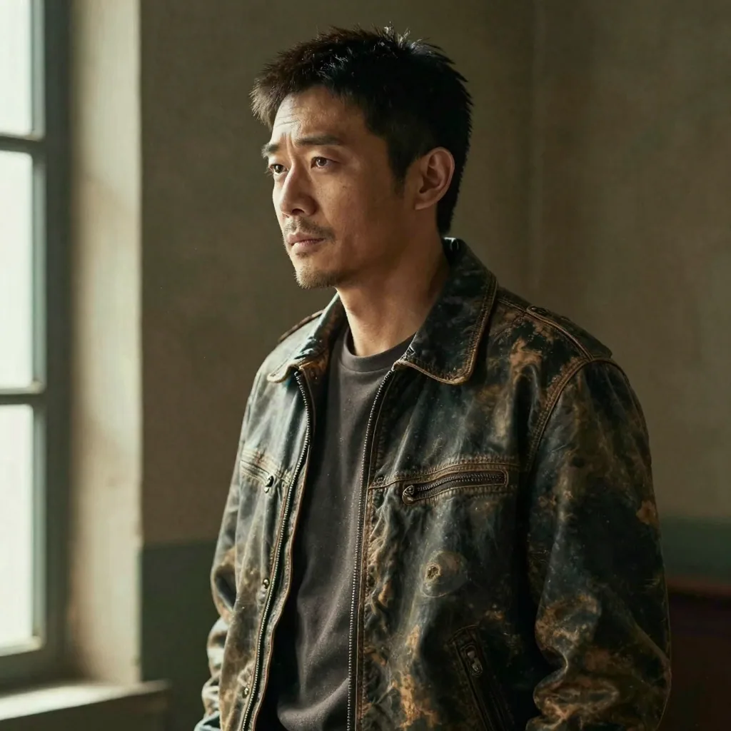 A character actor in a weathered leather jacket, three-quarter turn under warm side light, stubble and skin texture crisp, moody dark background