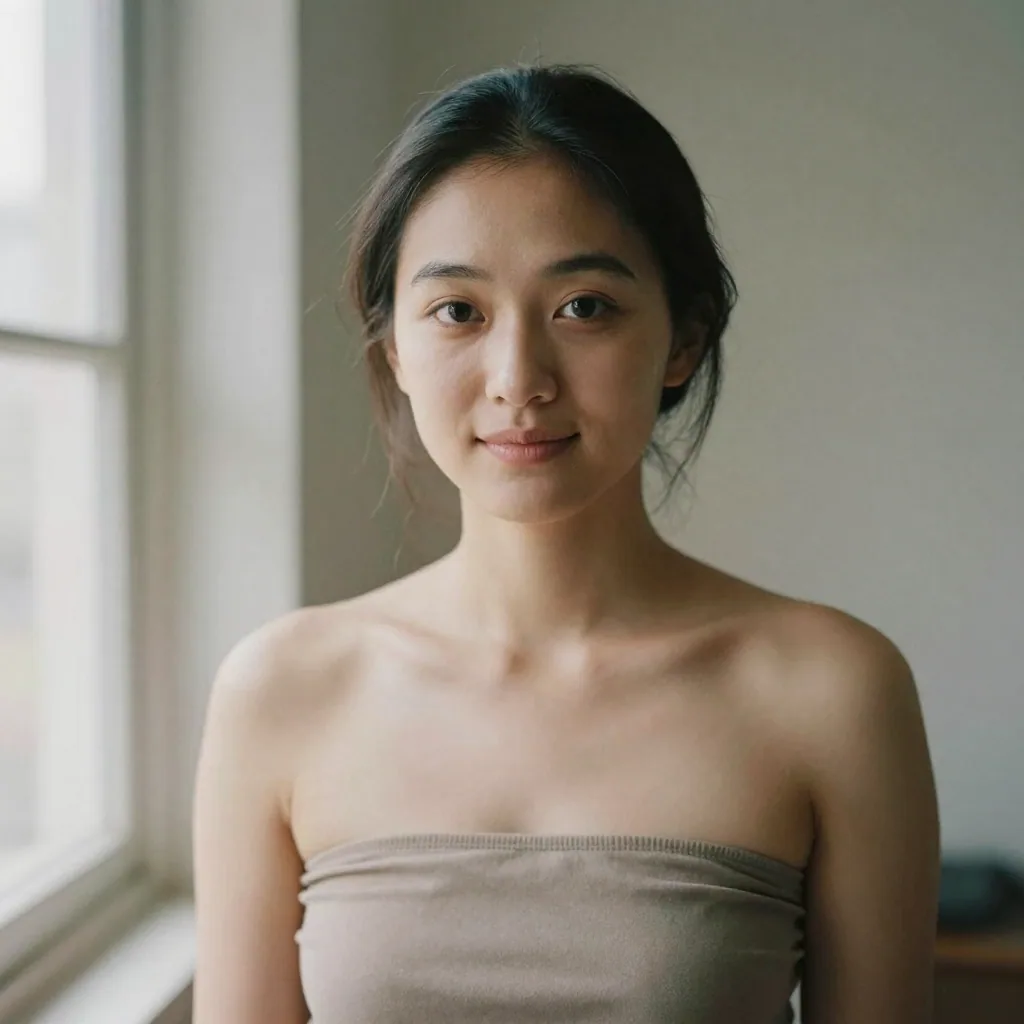 A woman with intense eyes and no smile in a tight casting-style portrait, natural skin, soft window light and a plain neutral wall behind
