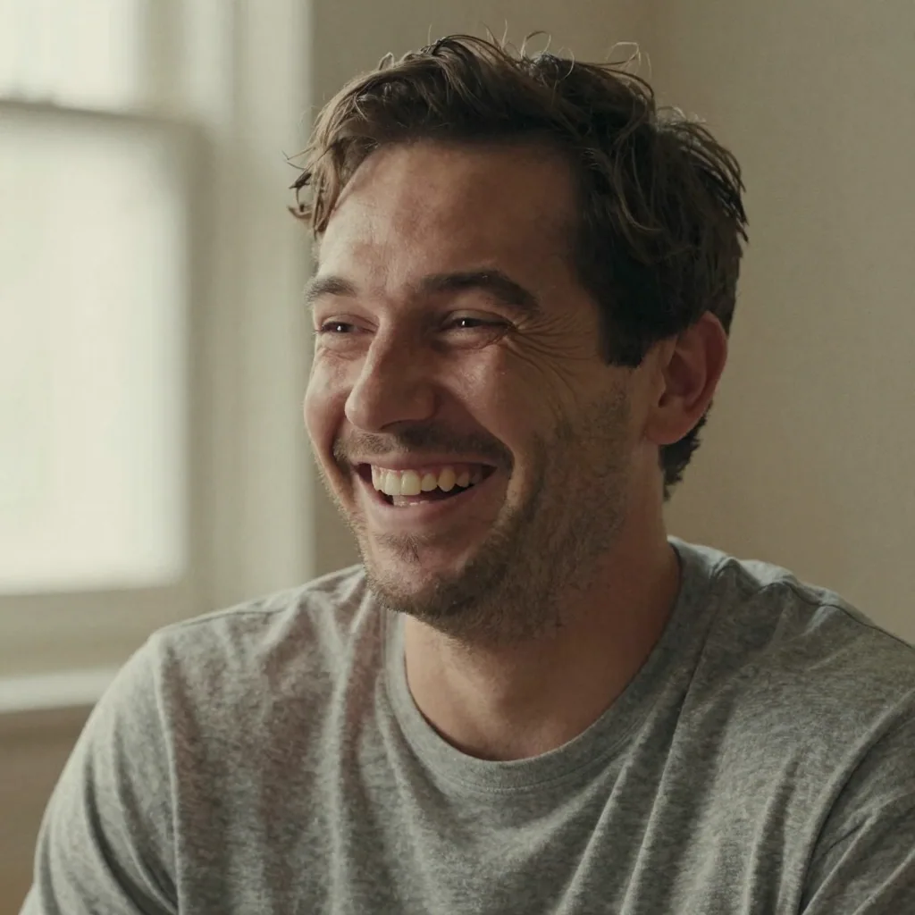 A theatrical headshot of a man laughing genuinely, warm even lighting on a soft gray sweep, relaxed shoulders, approachable and natural