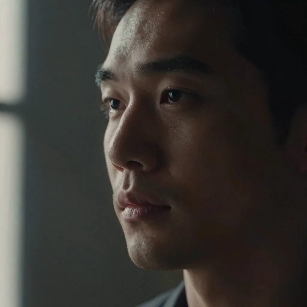 Close-up of an actor's face half in shadow with a rim of light along the jaw, deep catchlights in the eyes, textured dark studio backdrop
