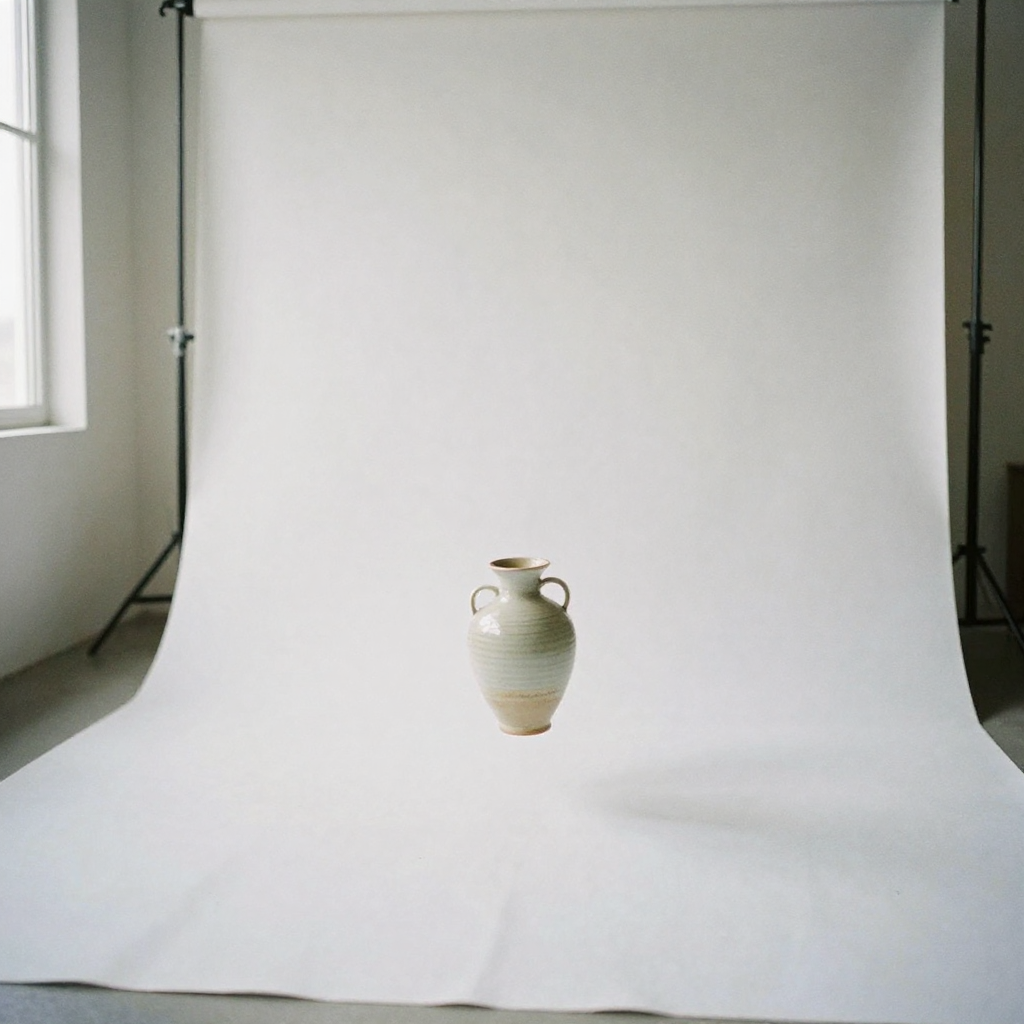 A studio photographer lifting a ceramic vase off a seamless white sweep, the vase caught mid-air against a clean bright cyclorama with soft