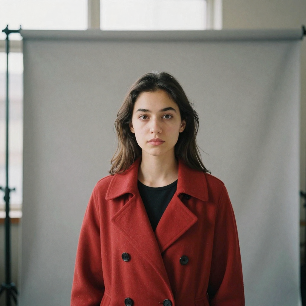 A young woman in a red coat standing before a plain gray studio backdrop, sharp rim light separating her hair and shoulders cleanly from the