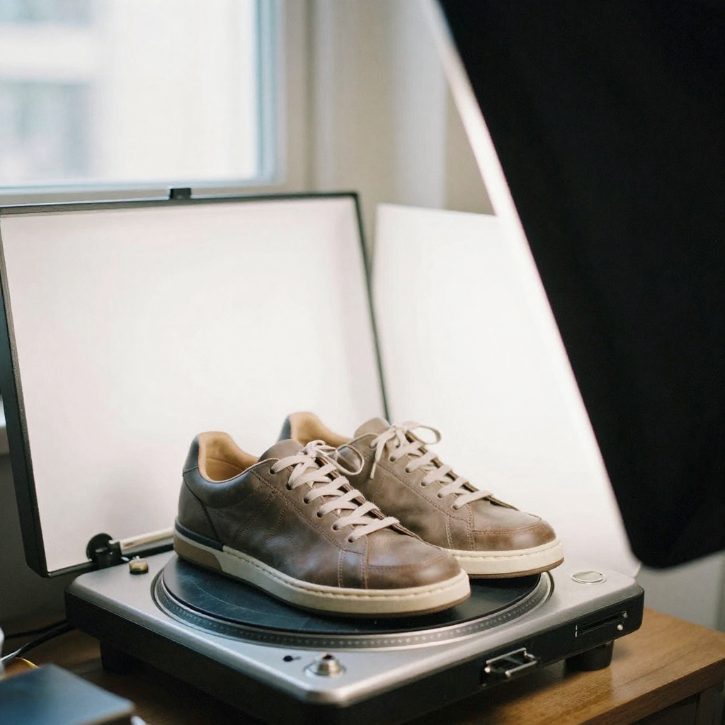 A pair of leather sneakers arranged on a small turntable inside a light tent, softbox glow wrapping the shoes so their edges stand crisp aga