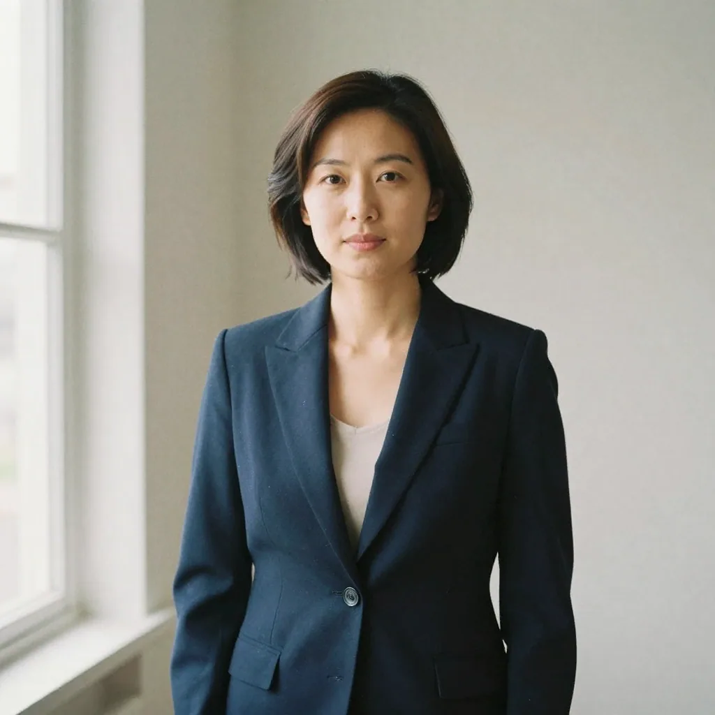 A professional woman in a navy blazer standing against a clean neutral backdrop, chin level and shoulders square, even soft studio light for