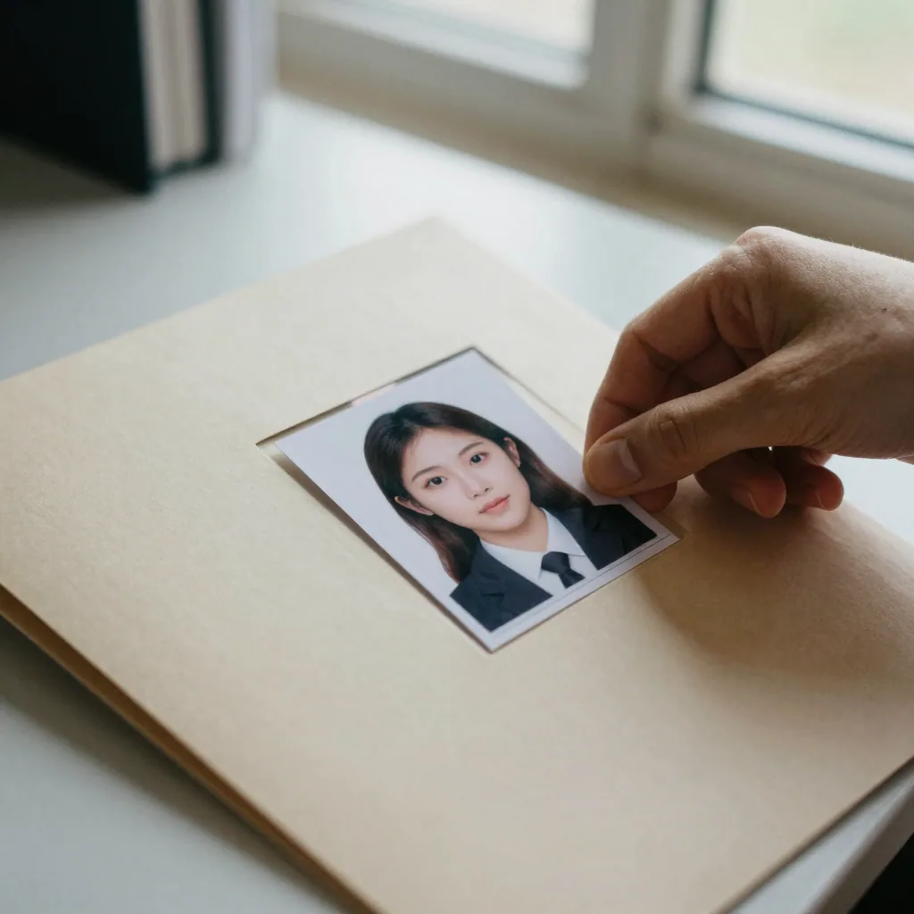 A hand placing a printed passport-style photo neatly inside the window of a plain document folder on a desk, tidy daylight from the side