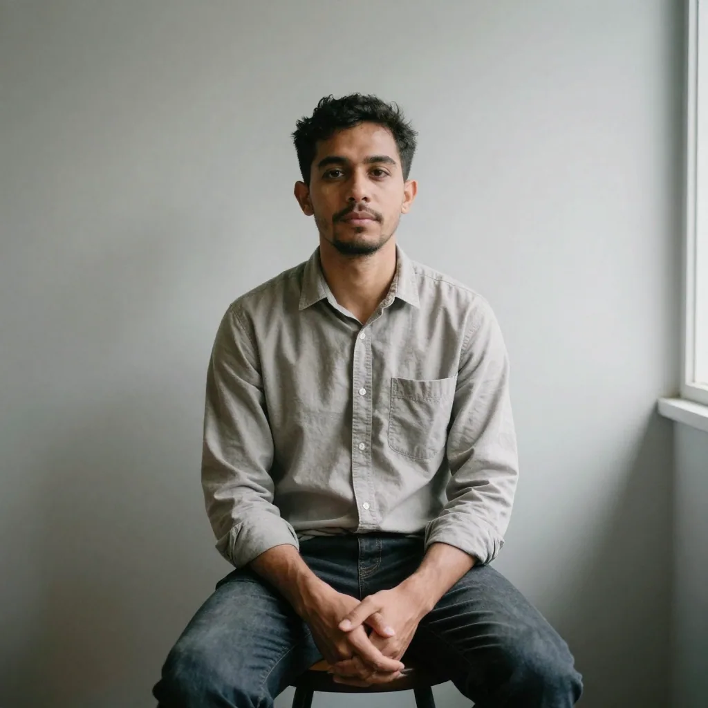 A man in a collared shirt seated on a stool facing the camera straight-on against a plain light-grey wall, flat shadowless portrait lighting
