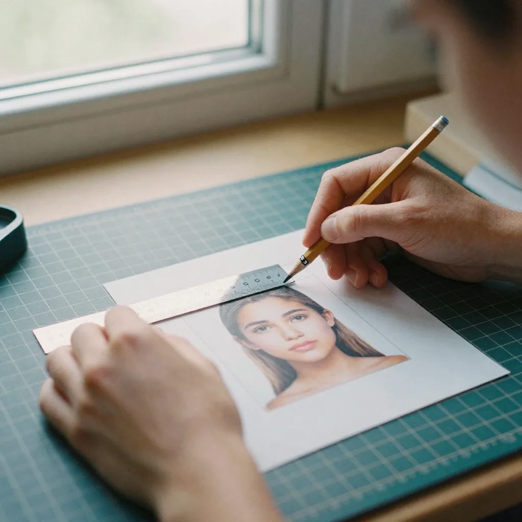 Close overhead of hands using a small ruler and pencil to mark crop guides on a printed square headshot laid on a cutting mat