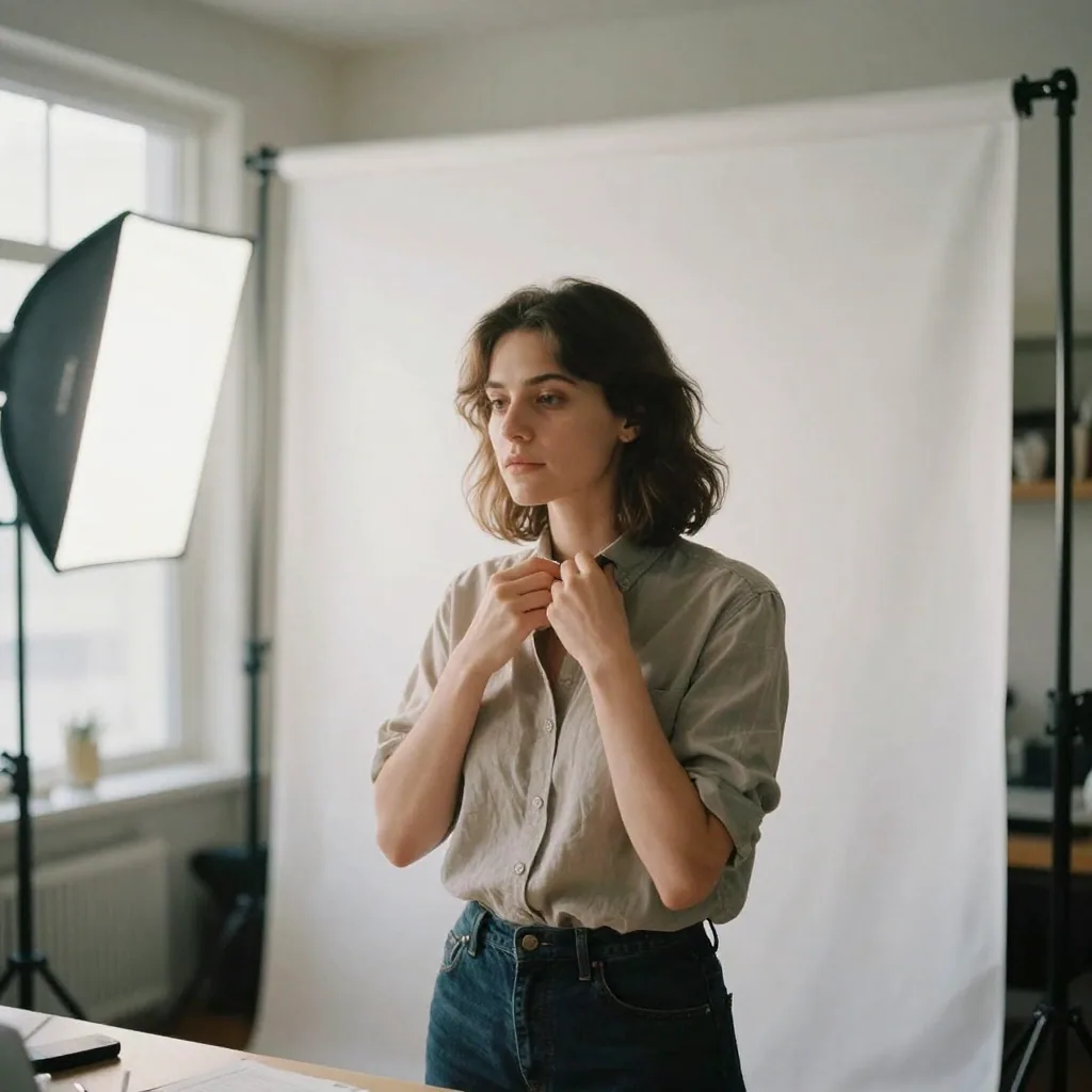 A woman in a structured blazer photographed against a soft neutral studio backdrop with even key lighting, a true-to-life likeness that satisfies LinkedIn's profile-photo rule