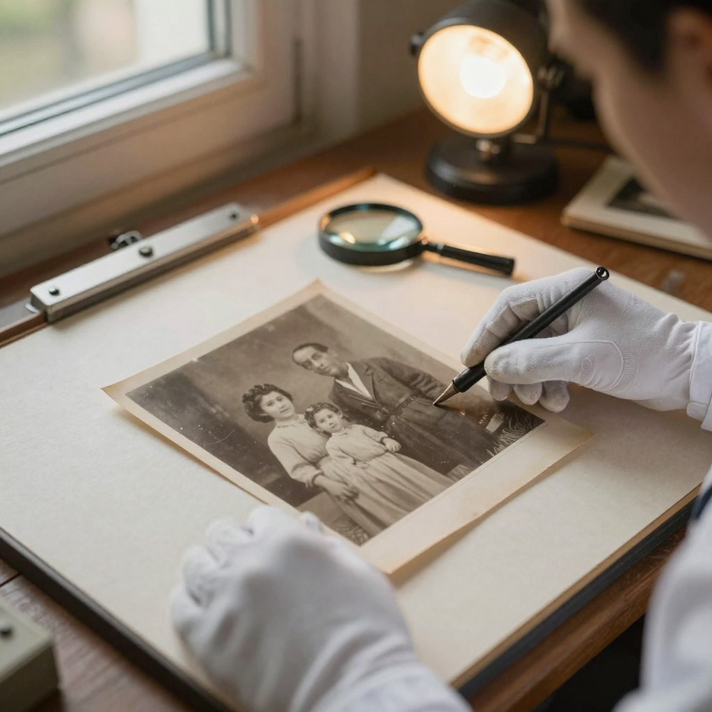 A conservator's gloved hands delicately smoothing a creased vintage black-and-white family photograph on a lightbox-free felt mat, magnifyin