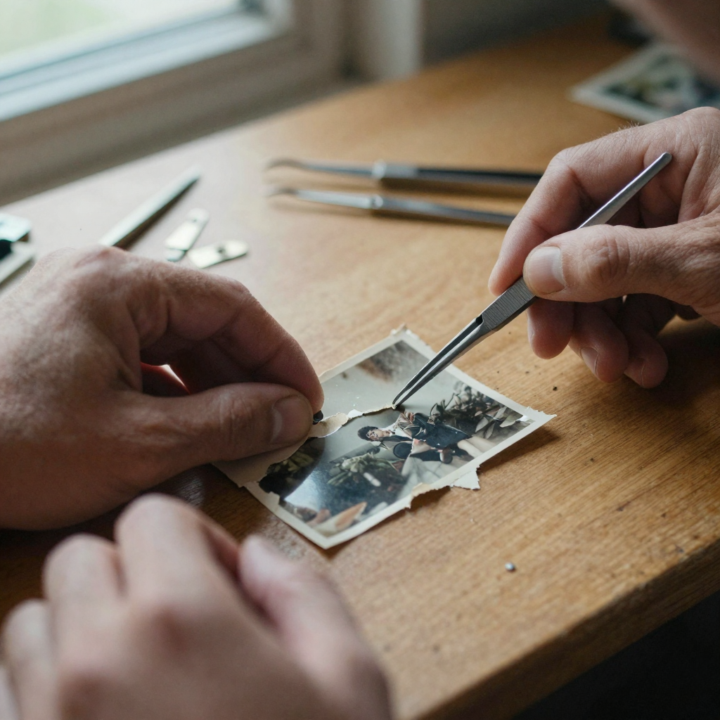 Close-up of a torn old photograph being gently rejoined at a wooden restoration desk, tweezers in hand, tiny archival tools scattered, focus