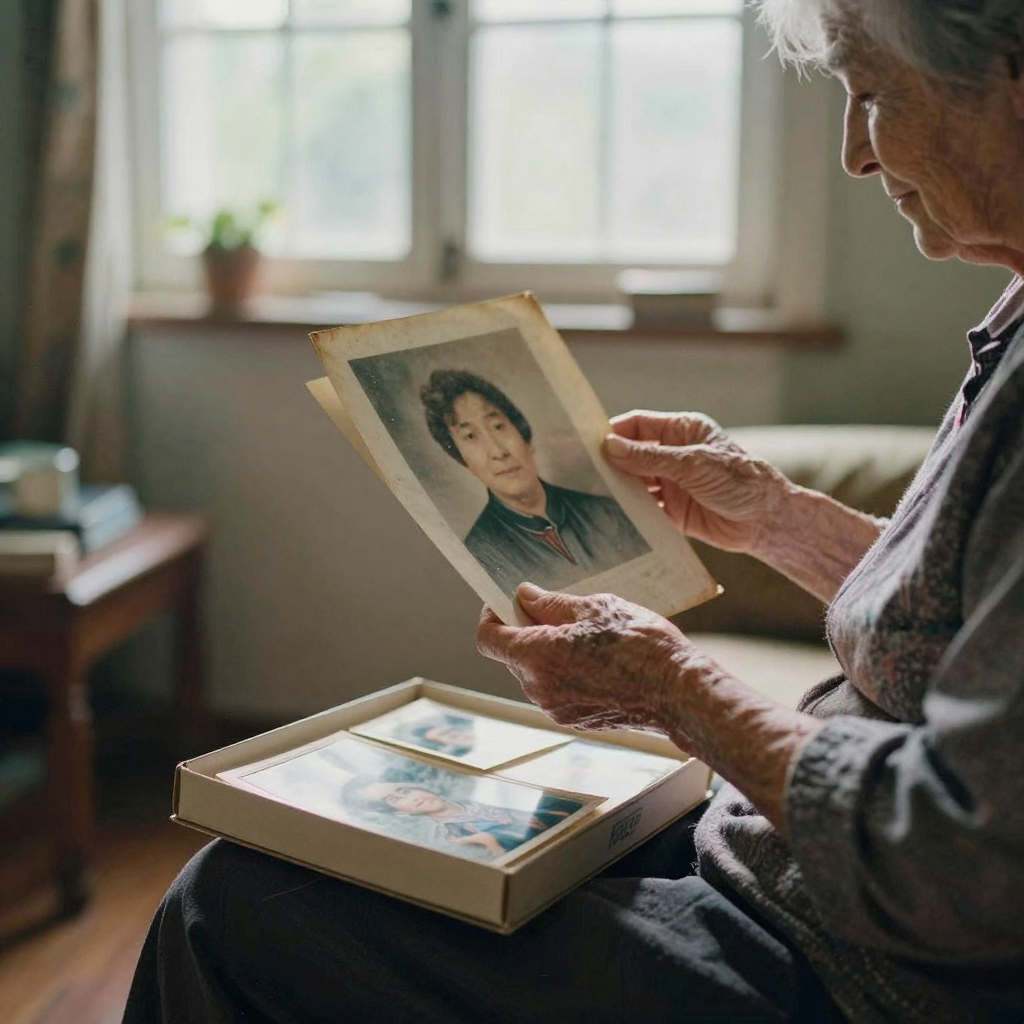 An elderly woman's hands cradling a faded, water-stained portrait in a sunlit living room, a box of old photos open on her lap, tender nosta