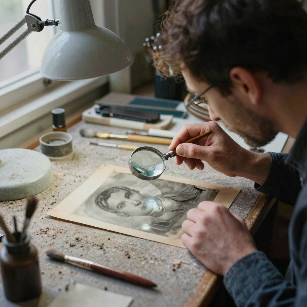 A restoration artist under a bright bench lamp examining a scratched daguerreotype with a magnifying glass, dust and fine brushes on the fel