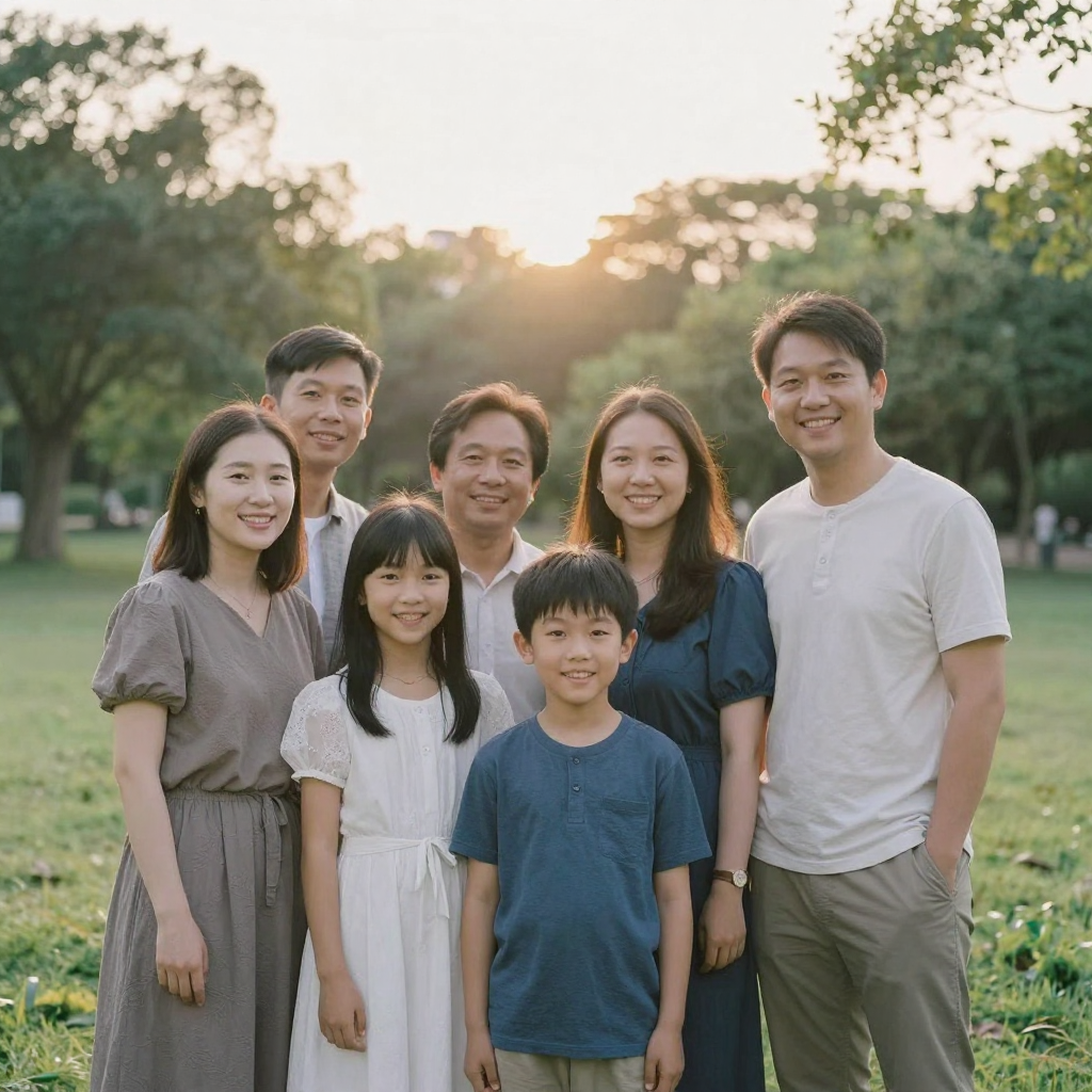 A candid outdoor family portrait in a park at golden hour, everyone smiling naturally, gentle backlight rimming their hair, crisp clean comp