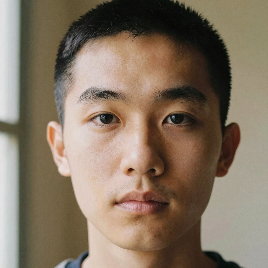 Close-up of a man's face lit evenly by soft daylight, sharp catchlights in his eyes, smooth even skin tone, plain warm wall behind, polished