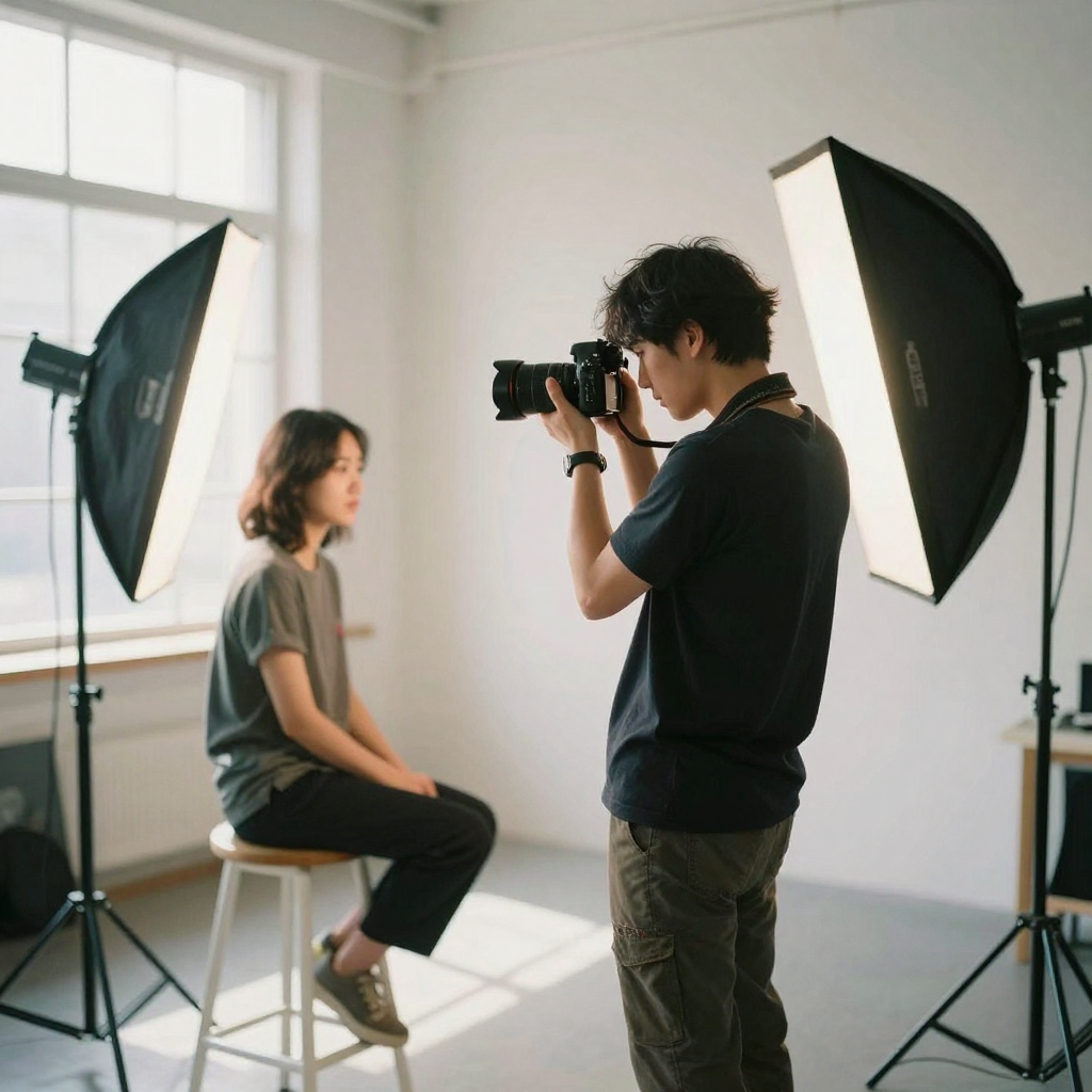A photographer holding a camera up to her eye in a sunlit studio, reviewing a subject on a stool, softbox glowing, tidy uncluttered backdrop