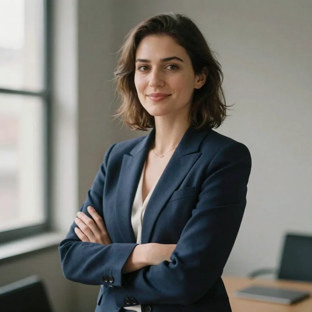 A confident businesswoman in a tailored navy blazer against a soft gray studio backdrop, warm key light and gentle rim, arms crossed, subtle smile