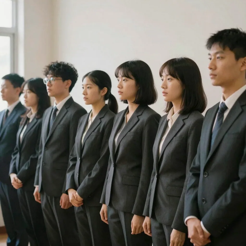 A row of colleagues in matching charcoal suits standing shoulder to shoulder against a clean neutral wall, consistent even lighting across all