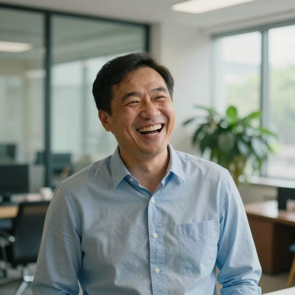 A man in a crisp light-blue shirt mid-laugh in a bright office lobby, softly blurred glass and greenery behind, natural window light on his face