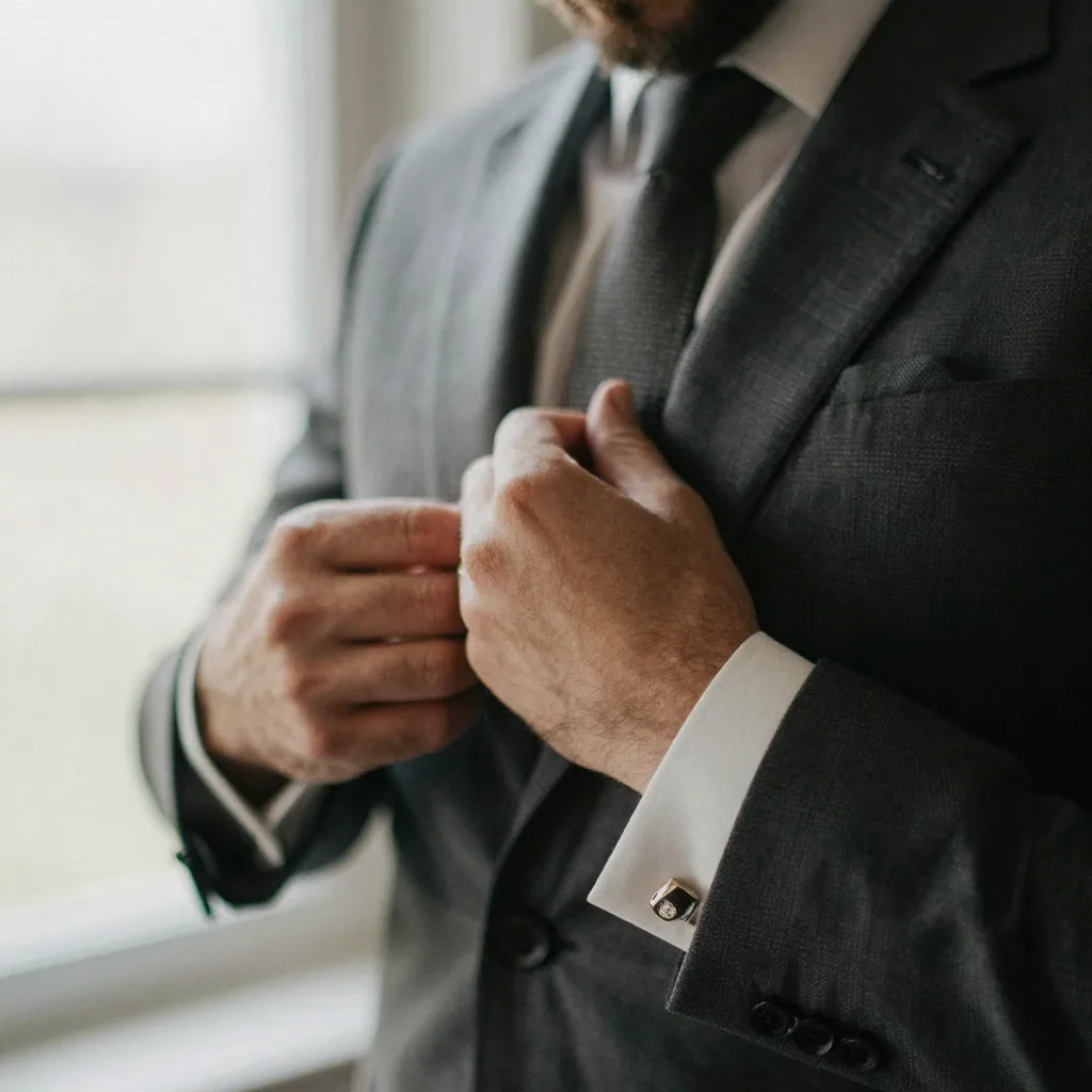 Close-up of a professional adjusting his suit lapel before a shoot, cufflink catching studio light, shallow depth of field on a soft backdrop