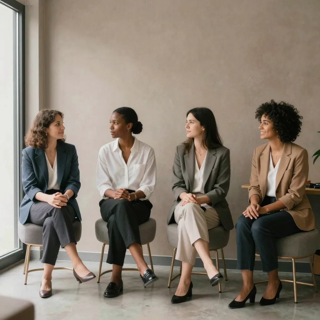 A diverse team of four seated on modern lobby stools against a muted taupe wall, coordinated business-casual attire, soft flattering key light