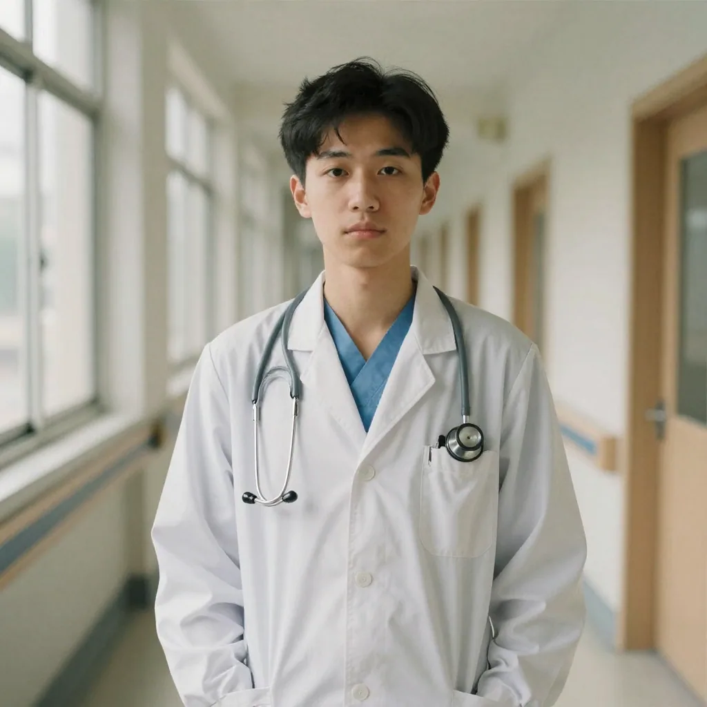 A young physician in a crisp white coat with a stethoscope draped over her shoulders, standing in a sunlit hospital corridor, calm confident