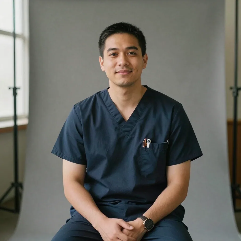 A male resident doctor in navy scrubs seated for a formal portrait against a neutral grey backdrop, hands folded, warm even studio light on