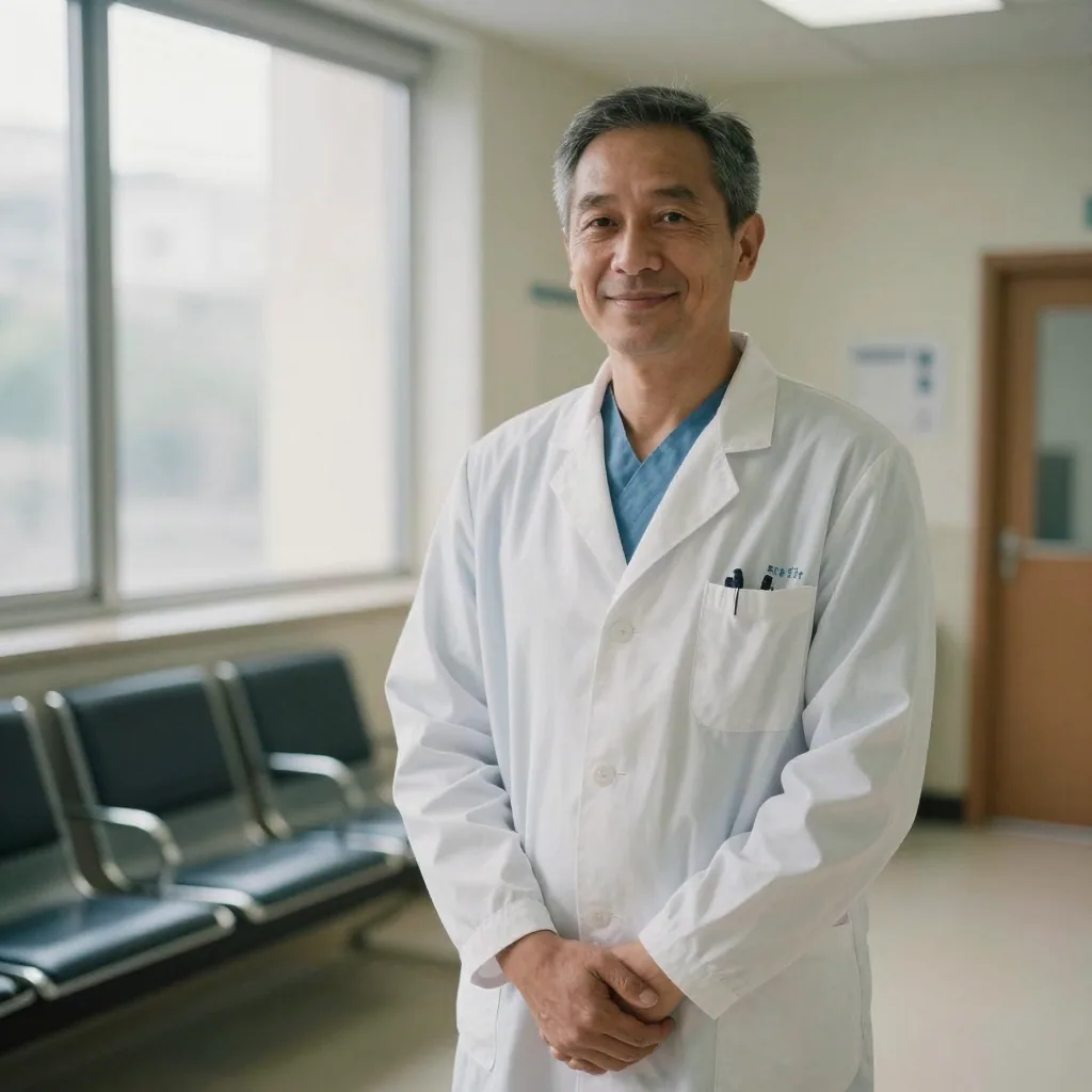 A smiling surgeon in a clean pressed lab coat photographed against a softly blurred clinic waiting area, morning window light, professional