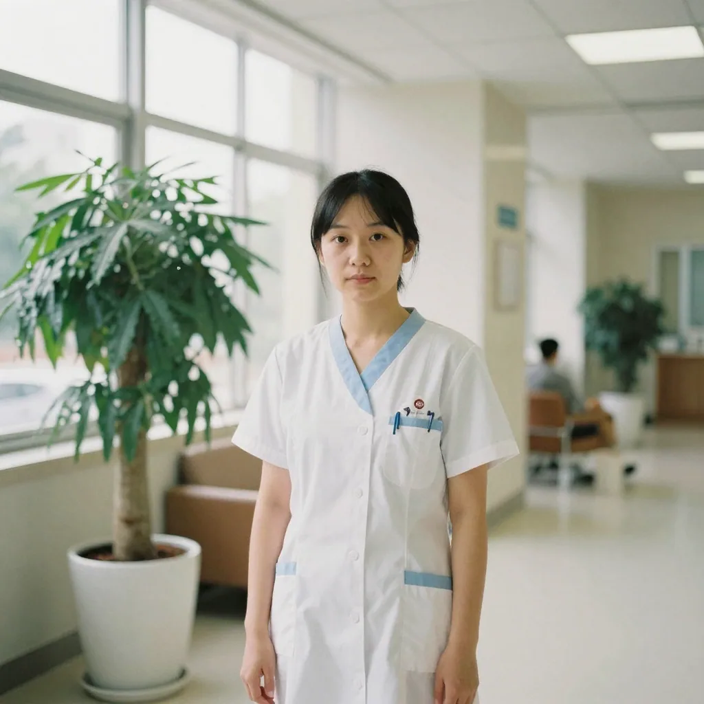 A hospital staff member in medical whites standing beside a potted plant in a bright modern clinic lobby, shoulders squared toward camera, n