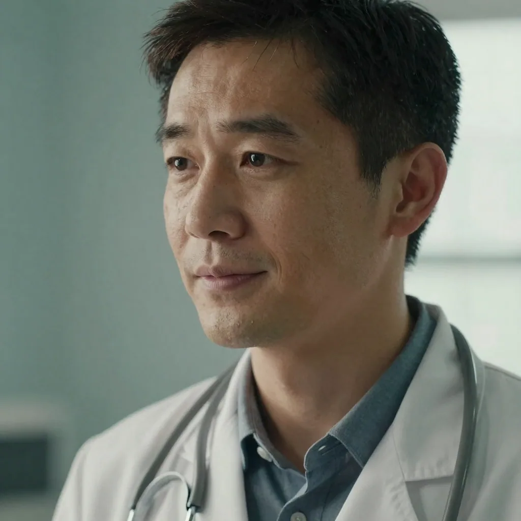 Close-up headshot of a doctor with a stethoscope around the neck, plain teal backdrop, gentle key light sculpting a warm approachable expres