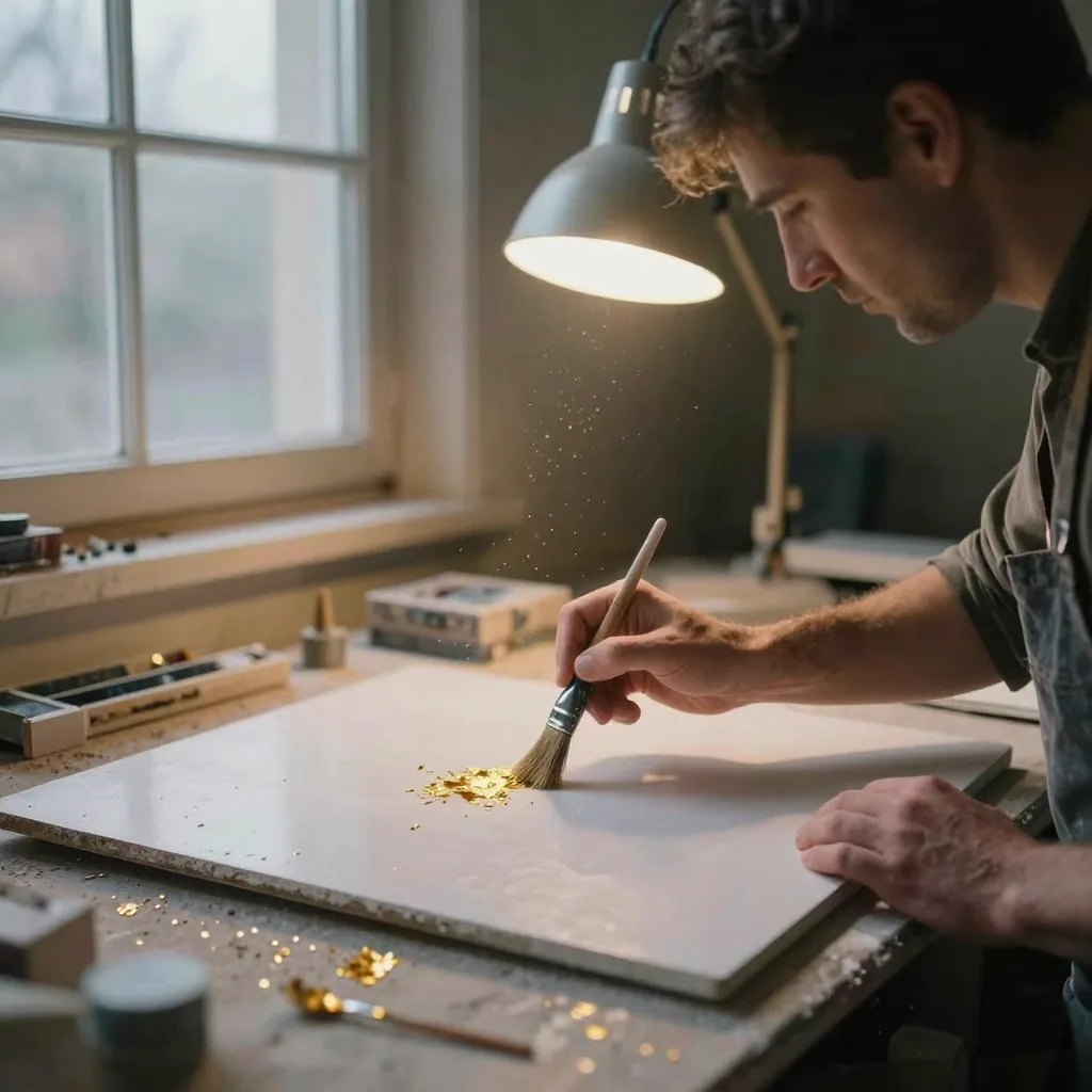A sign painter in a dusty workshop steadies a fine sable brush against a blank enamel plate, gold leaf flakes drifting under a warm work lamp