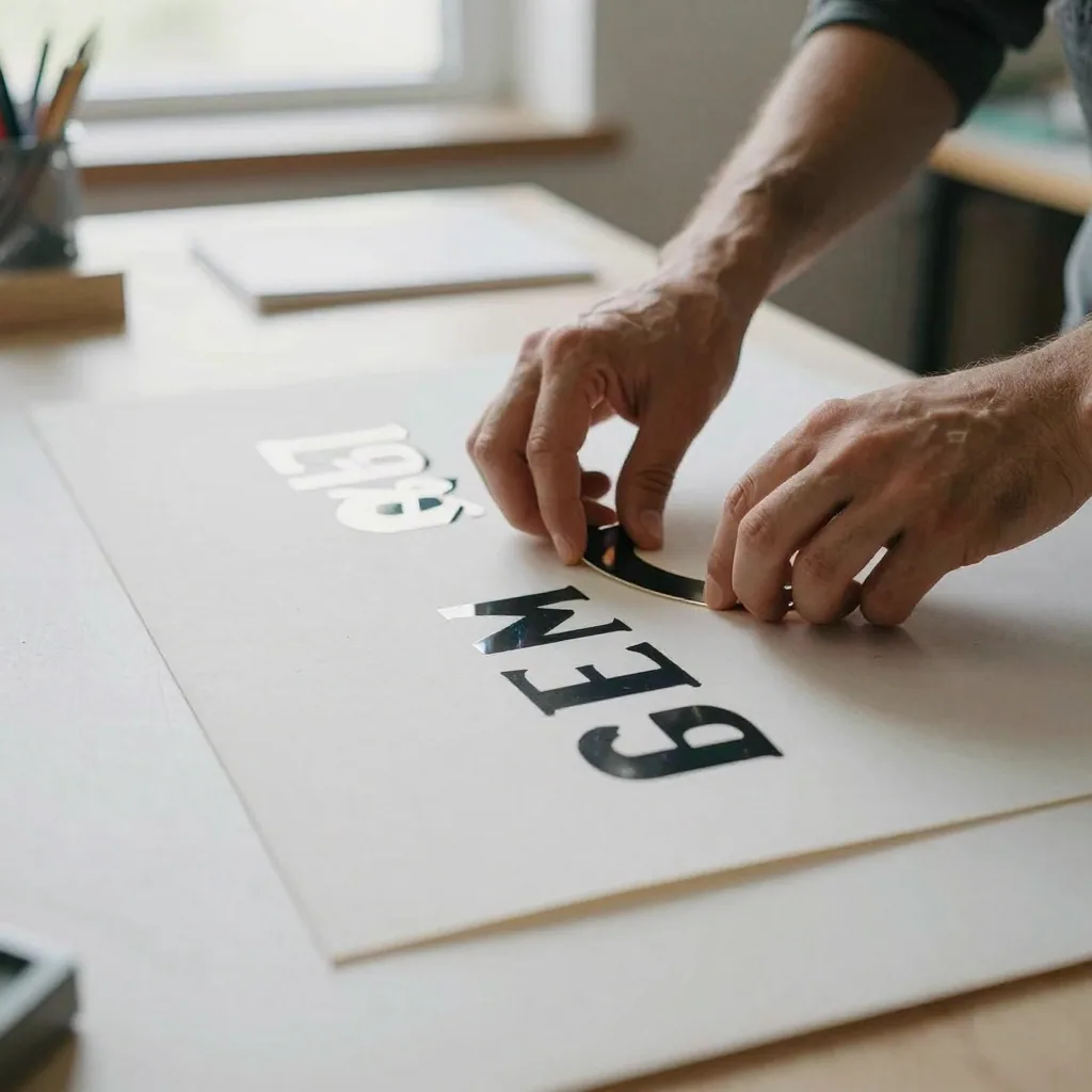 Close-up of a graphic designer's hands sliding vinyl lettering off its backing sheet onto a plain matte board on a bright studio table, morning