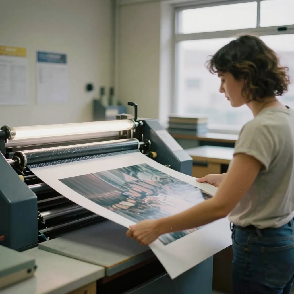 A woman in a print shop lifts a freshly pressed poster off the press, the surface still empty, ink rollers glistening under fluorescent tubes
