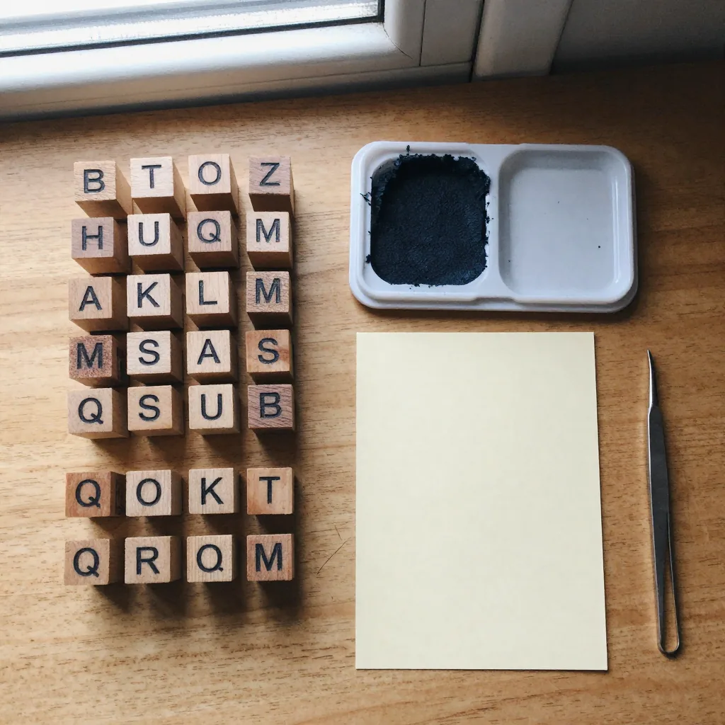 Overhead flat lay of alphabet rubber stamps, an ink pad, tweezers, and a blank cream card arranged neatly on a wooden desk in soft daylight