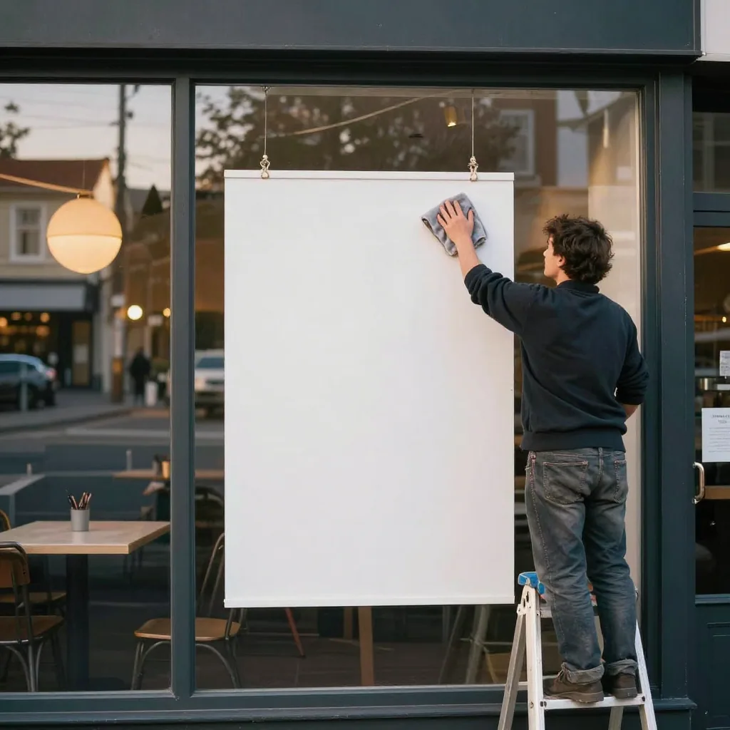A cafe owner on a ladder wipes down a blank hanging shopfront board with a cloth at golden hour, empty street reflected in the window behind