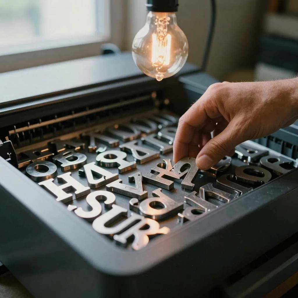 Macro shot of hot metal type letters loose in a printer's tray, a compositor's fingers reaching in to pick one under a dim workshop bulb