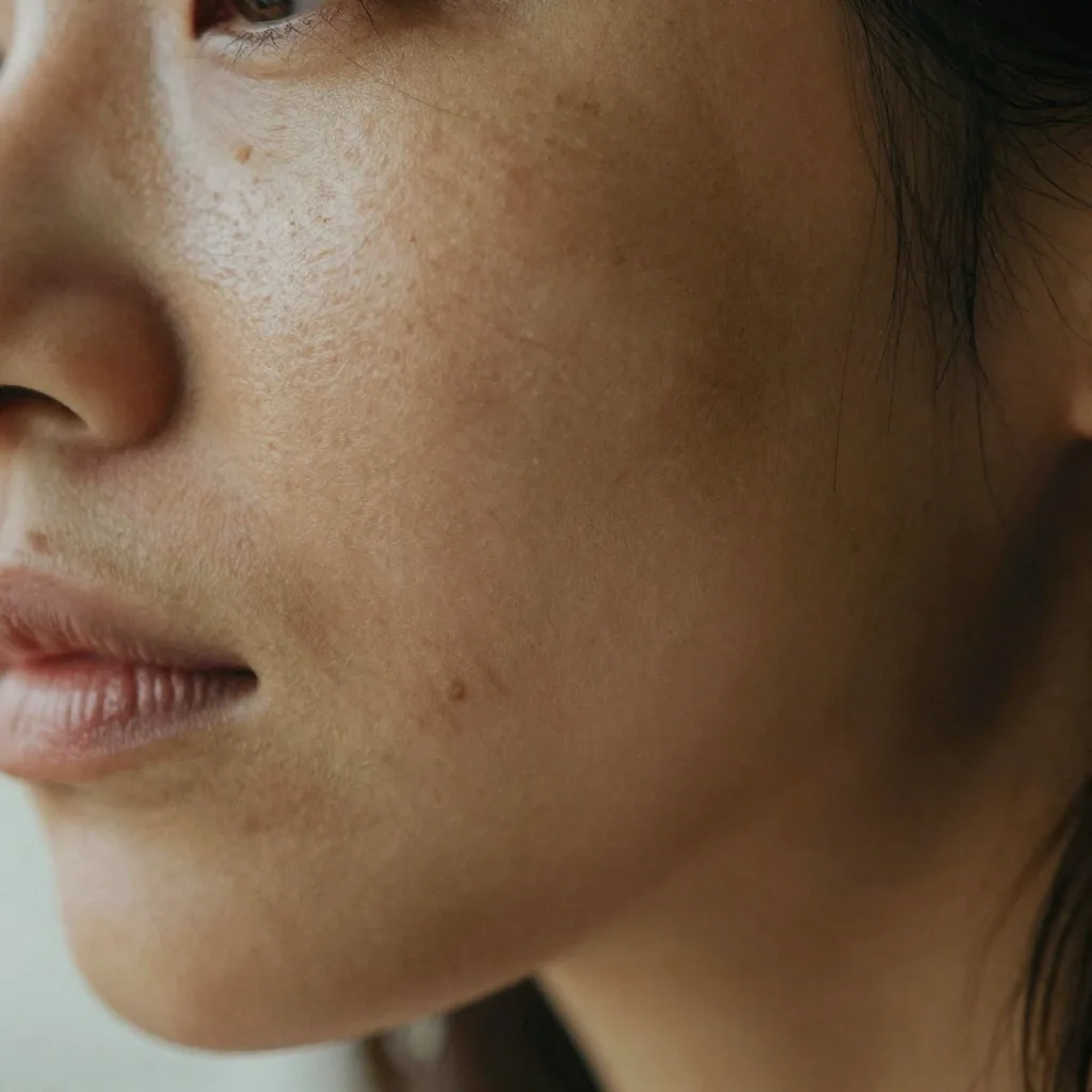 Extreme macro of a woman's cheekbone in warm side light, individual peach-fuzz hairs, tiny freckles, and pore texture rendered crisp against