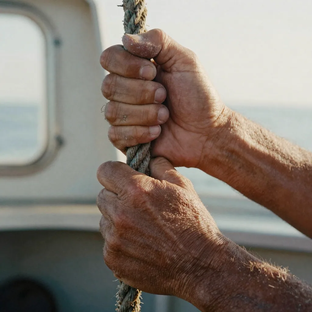 Close-up of a weathered fisherman's hands gripping thick rope, deep skin creases, salt-crusted knuckles, calloused fingertips, every crack a