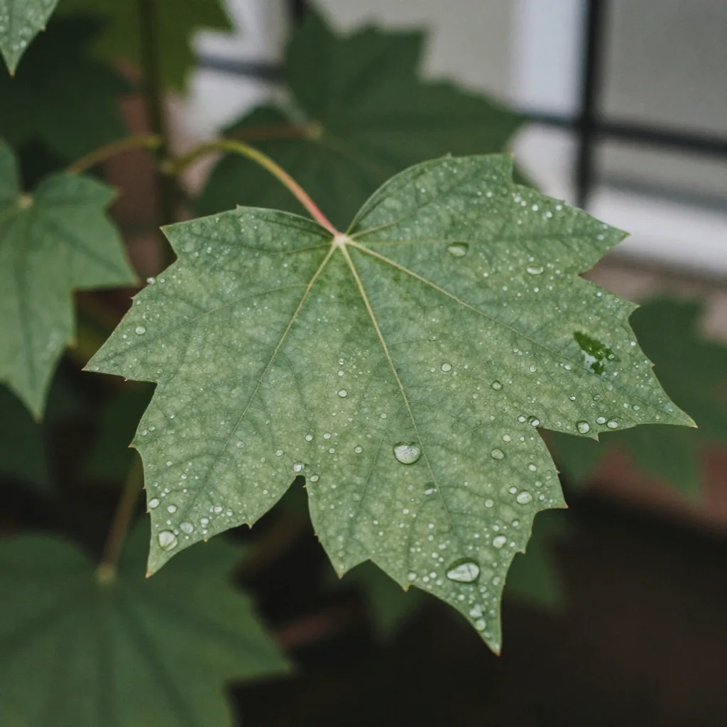 A single dew-beaded green leaf photographed extremely close, sharp veins and micro-serrated edge catching cool dawn light, blurred garden ba