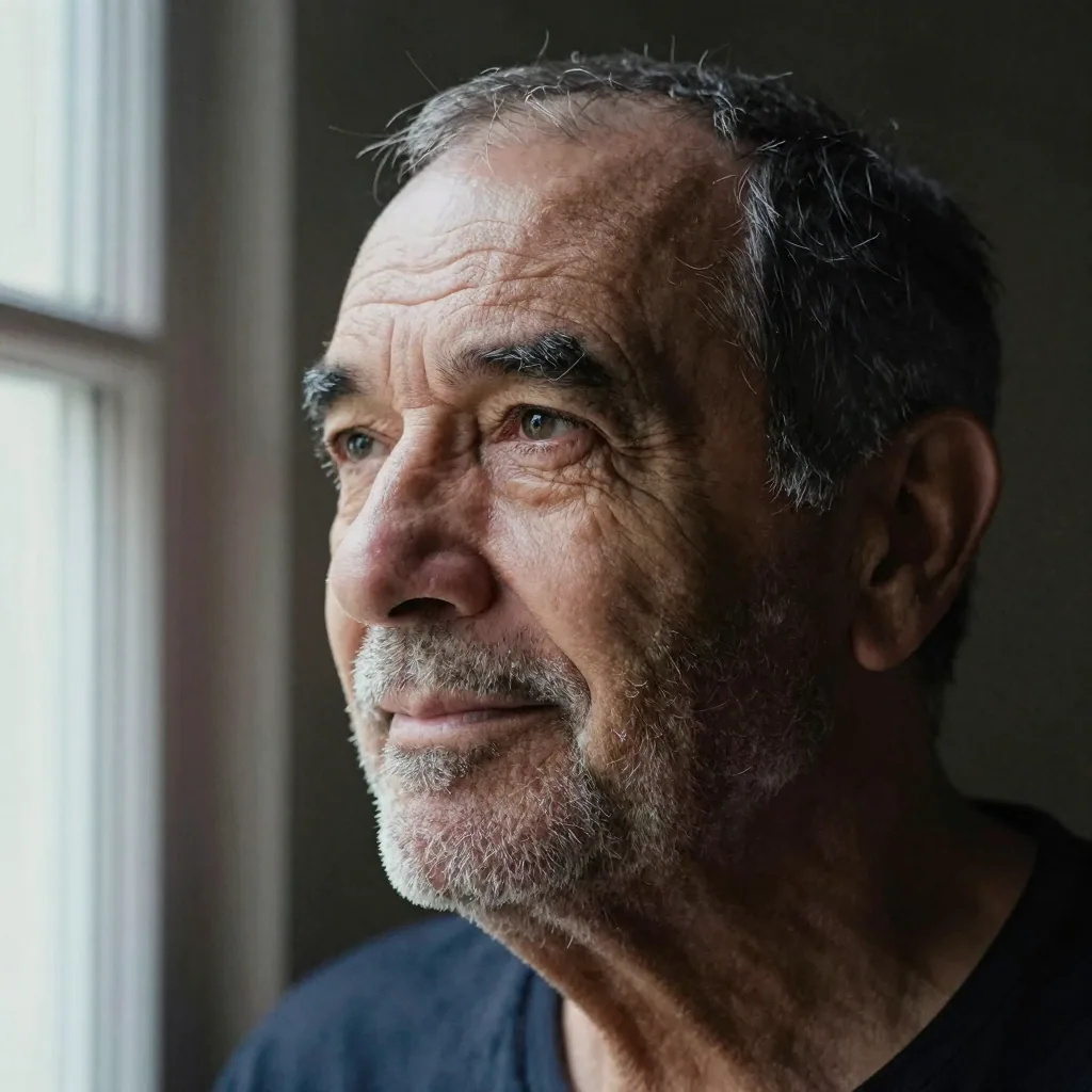 Studio portrait of an older man's face turned three-quarters, silver stubble, laugh-line wrinkles and eyelash detail razor-sharp under soft