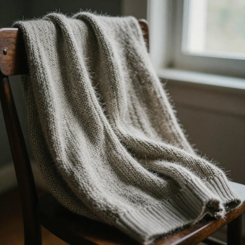 Macro of a knitted wool sweater draped over a wooden chair, each fiber loop and fuzzy strand distinct in low afternoon window light